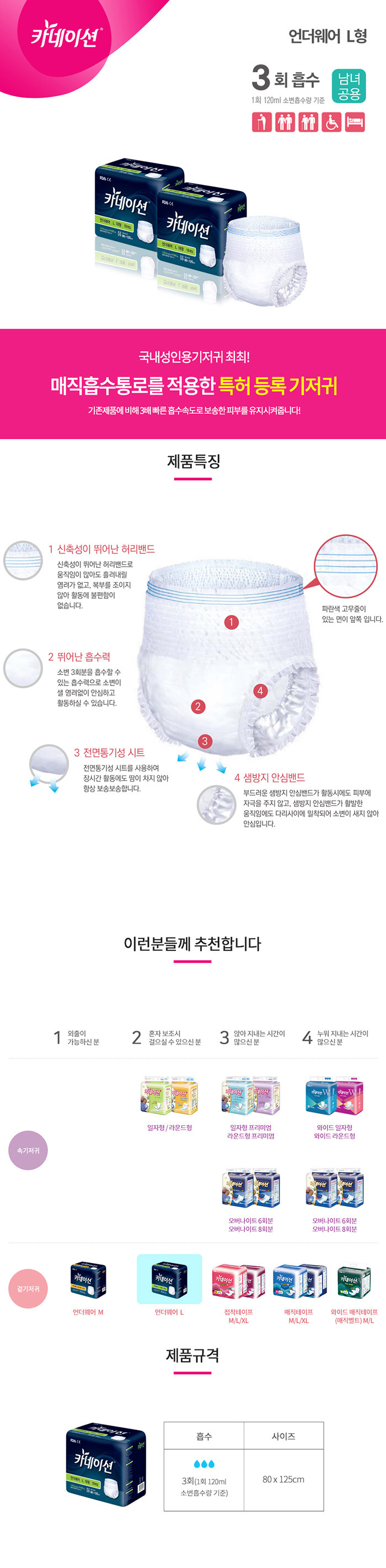 카네이션 언더웨어 성인용기저귀 대형(L)(10매x8팩=80매)