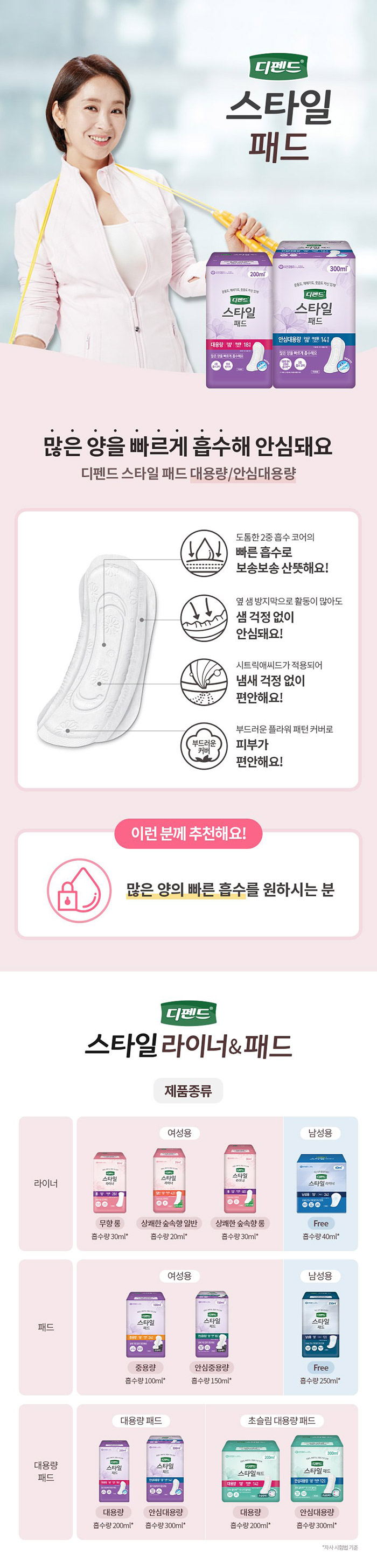 디펜드 스타일패드 여성용 대용량 18매(1팩) 200ml 요실금패드