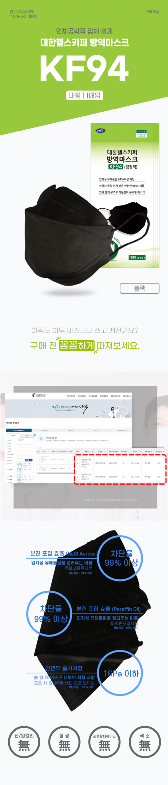 [대한메디칼] 대한헬스키퍼 방역마스크 KF94 블랙