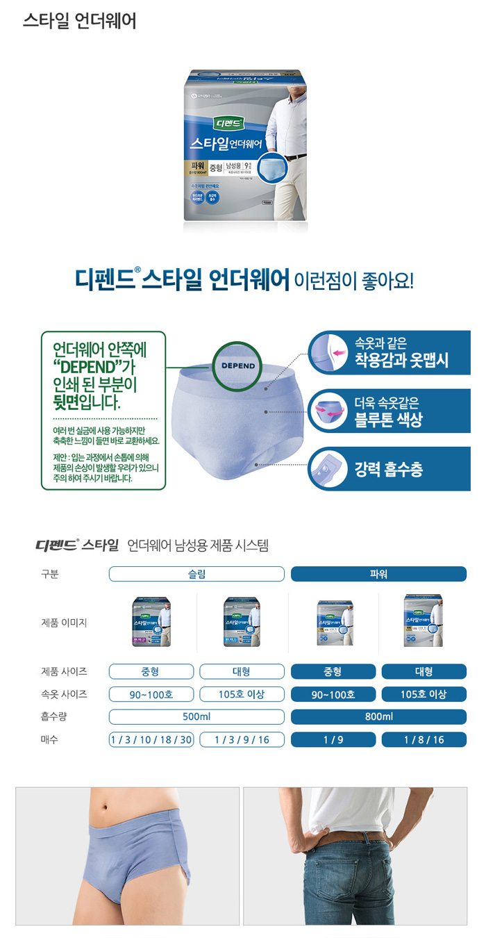 디펜드 남성용 스타일언더웨어 파워(중형)