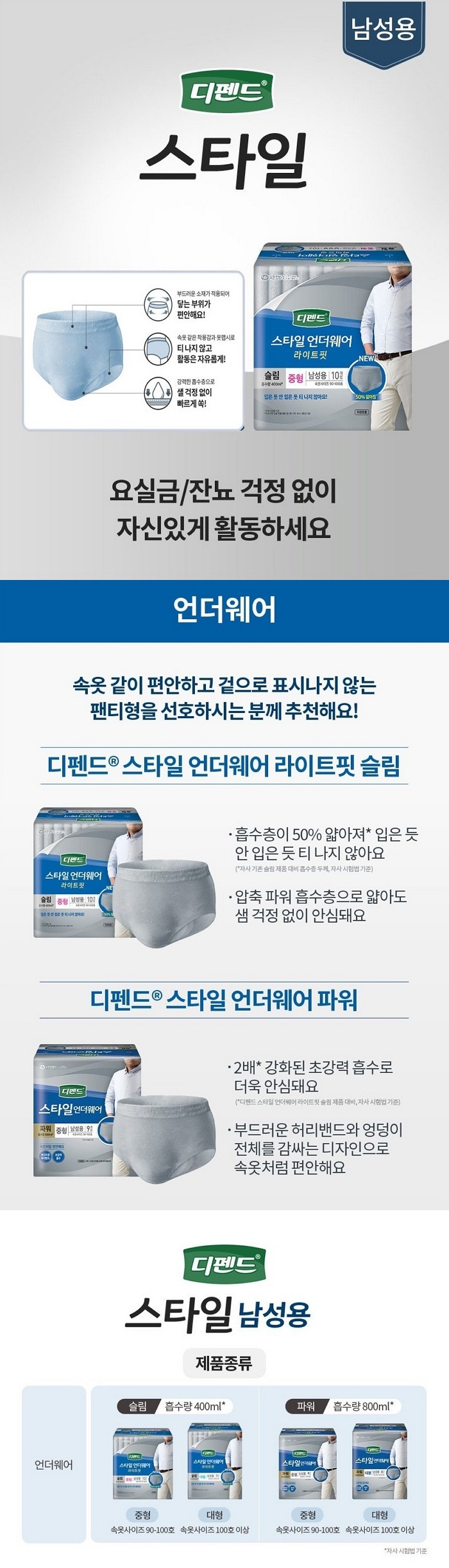디펜드 스타일언더웨어 라이트핏 남성 슬림